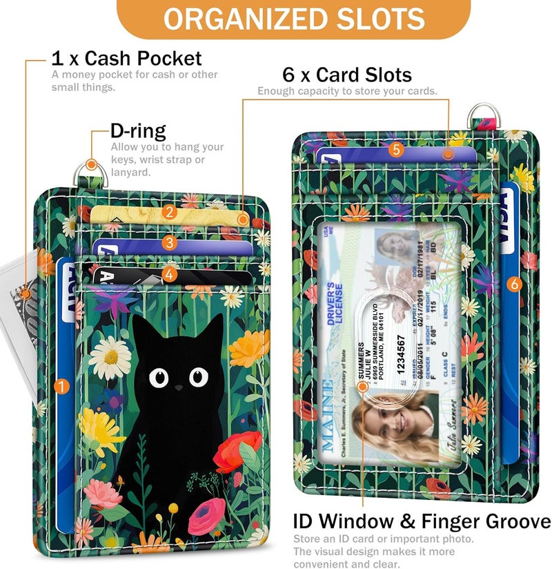 Yonlevres Cat Flower Credit Card Holder Slim Wallet, RFID Wallet Women Front Pocket Wristlet Lanyard, Small Card Holder Travel Funny Cute Thin ID Window PU Leather Case Organizer Gifts Girl - Image 4